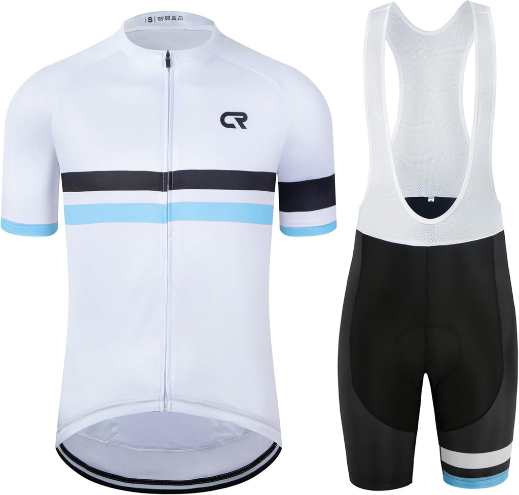 CR Men's Cycling Jersey Set Road Bike Jersey Zipper Pocket Short Sleeves Cycling Kits Bib Shorts 3D Padded