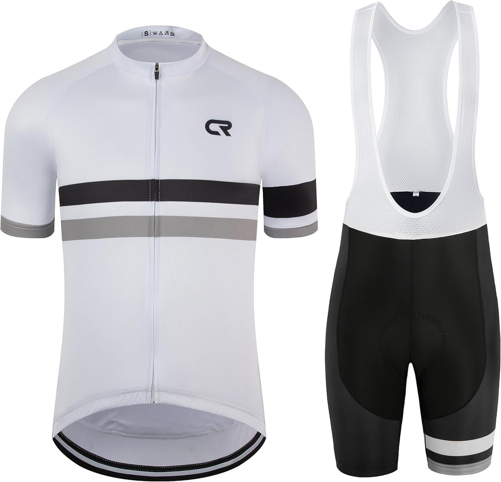 CR Men's Cycling Jersey Set Road Bike Jersey Zipper Pocket Short Sleeves Cycling Kits Bib Shorts 3D Padded